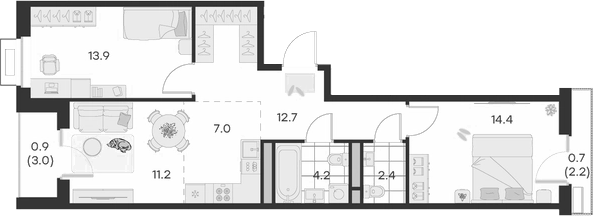 Планировка — Михалевич, 3-комн., 66 м²