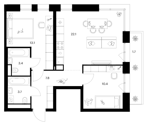 Планировка — Строгино 360, 2-комн., 61 м²