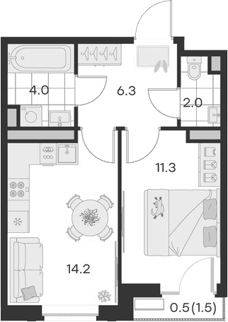 Планировка — Михалевич, 1-комн., 38 м²