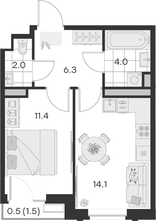 Планировка — Михалевич, 1-комн., 38 м²