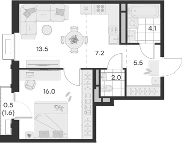 Планировка — Михалевич, 2-комн., 48 м²