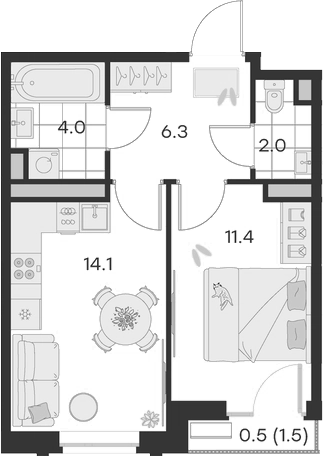 Планировка — Михалевич, 1-комн., 38 м²