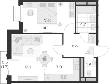 Планировка — Михалевич, 2-комн., 52 м²