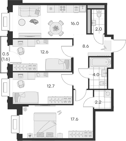 Планировка — Михалевич, 3-комн., 76 м²