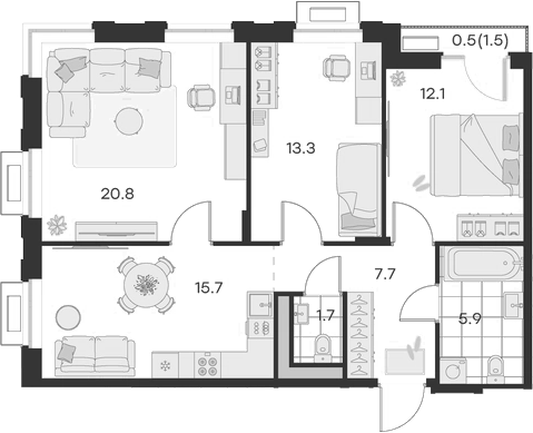 Планировка — Михалевич, 3-комн., 77 м²