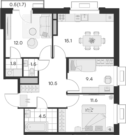 Планировка — Михалевич, 3-комн., 66 м²