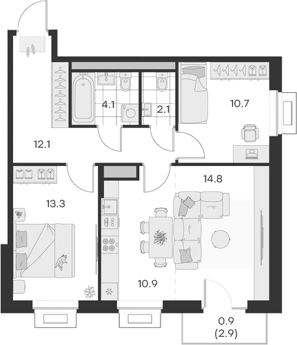 Планировка — Михалевич, 3-комн., 68 м²