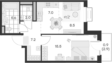 Планировка — Михалевич, 1-комн., 46 м²