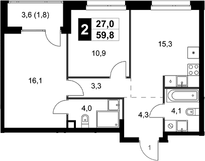 Планировка — Симоновский Вал, 2-комн., 58 м²
