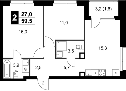 Планировка — Симоновский Вал, 2-комн., 58 м²