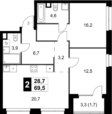 Планировка — Симоновский Вал, 2-комн., 68 м²
