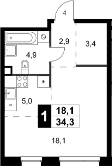 Планировка — Симоновский Вал, Студия, 34 м²