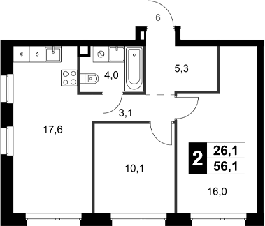 Планировка — Симоновский Вал, 2-комн., 56 м²
