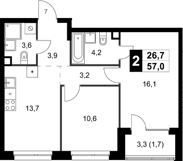 Планировка — Симоновский Вал, 2-комн., 55 м²