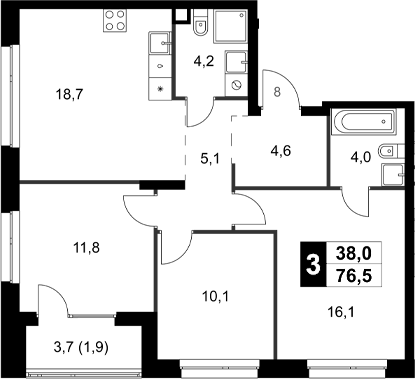 Планировка — Симоновский Вал, 3-комн., 75 м²