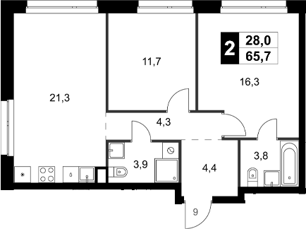 Планировка — Симоновский Вал, 2-комн., 66 м²