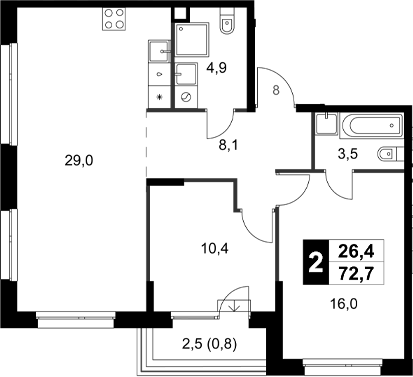 Планировка — Симоновский Вал, 2-комн., 72 м²