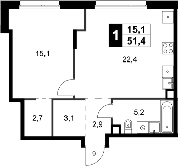Планировка — Симоновский Вал, 1-комн., 51 м²