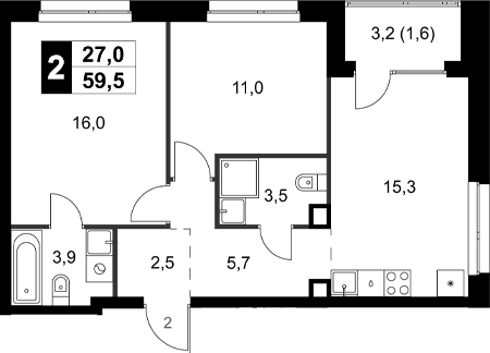 Планировка — Симоновский Вал, 2-комн., 58 м²