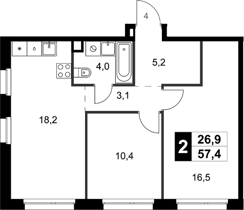 Планировка — Симоновский Вал, 2-комн., 57 м²