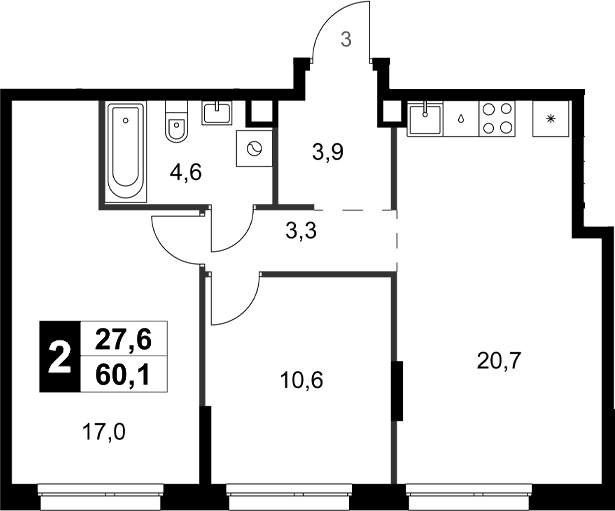 Планировка — Симоновский Вал, 2-комн., 60 м²