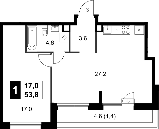 Планировка — Симоновский Вал, 1-комн., 52 м²