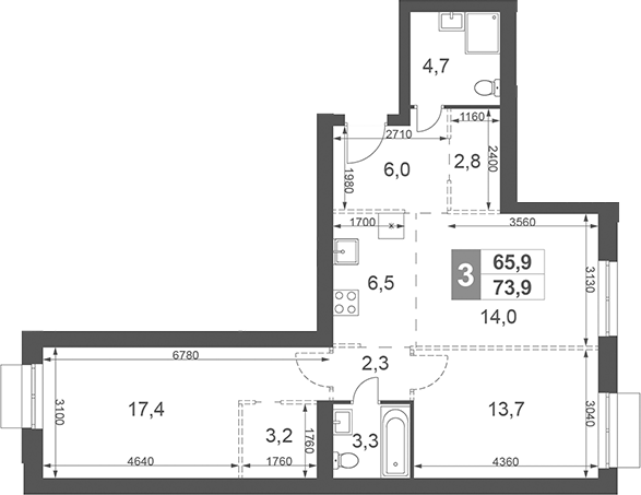 Планировка — Дубровицы Клаб, 3-комн., 74 м²