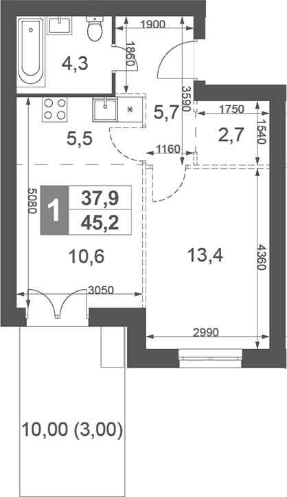 Планировка — Дубровицы Клаб, Студия, 42 м²