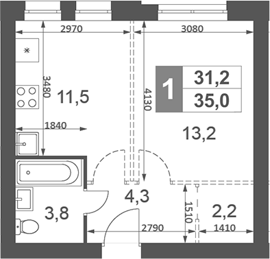 Планировка — Дубровицы Клаб, Студия, 35 м²
