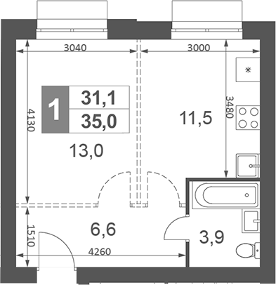 Планировка — Дубровицы Клаб, Студия, 35 м²