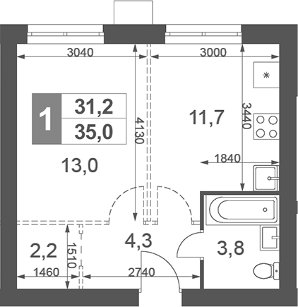 Планировка — Дубровицы Клаб, Студия, 35 м²
