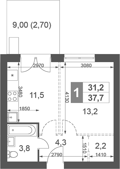 Планировка — Дубровицы Клаб, Студия, 35 м²
