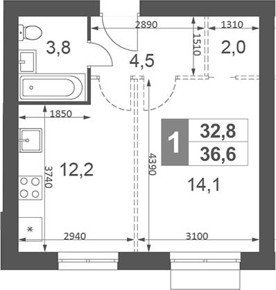 Планировка — Дубровицы Клаб, Студия, 37 м²