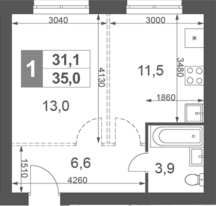 Планировка — Дубровицы Клаб, 1-комн., 35 м²
