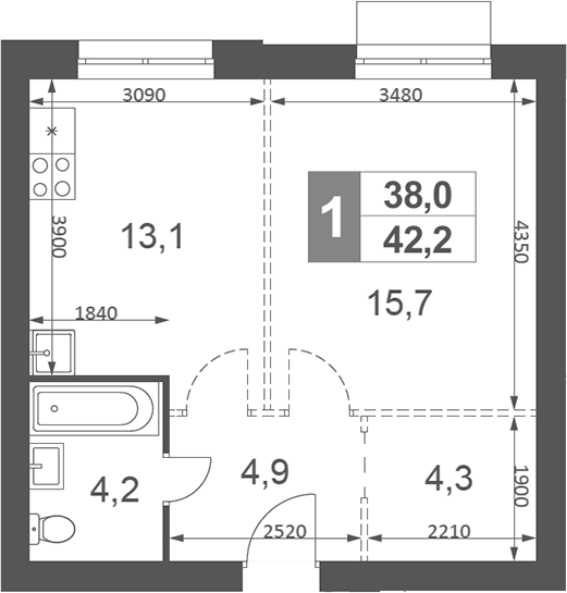 Планировка — Дубровицы Клаб, 1-комн., 42 м²