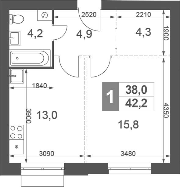 Планировка — Дубровицы Клаб, 1-комн., 42 м²
