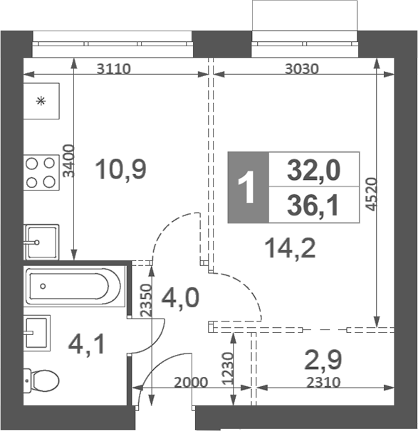 Планировка — Дубровицы Клаб, 1-комн., 36 м²