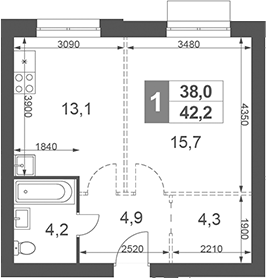 Планировка — Дубровицы Клаб, 1-комн., 42 м²
