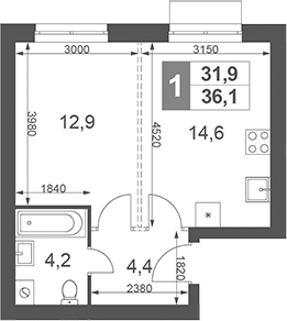Планировка — Дубровицы Клаб, 1-комн., 36 м²
