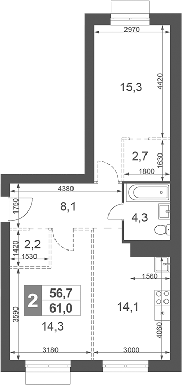 Планировка — Дубровицы Клаб, 2-комн., 61 м²