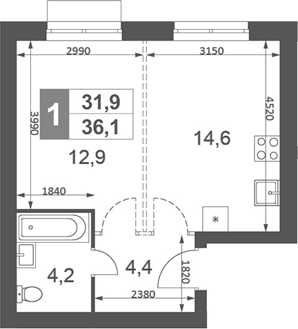 Планировка — Дубровицы Клаб, 1-комн., 36 м²