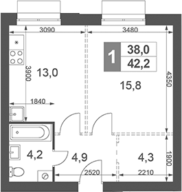 Планировка — Дубровицы Клаб, 1-комн., 42 м²