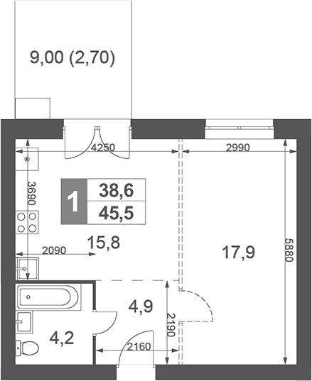 Планировка — Дубровицы Клаб, 1-комн., 43 м²