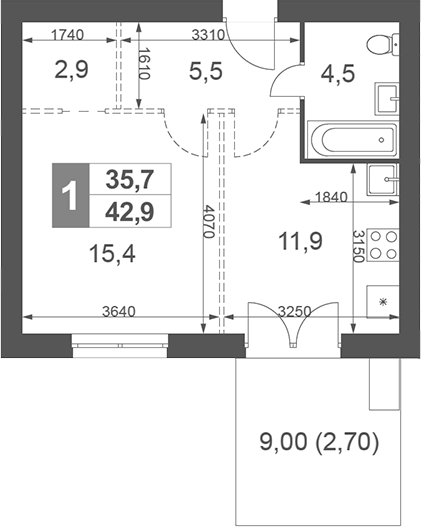 Планировка — Дубровицы Клаб, 1-комн., 40 м²