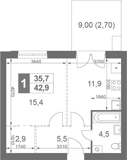 Планировка — Дубровицы Клаб, 1-комн., 40 м²