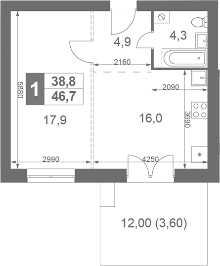 Планировка — Дубровицы Клаб, 1-комн., 43 м²