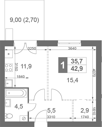 Планировка — Дубровицы Клаб, 1-комн., 40 м²