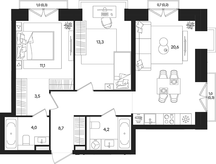 Планировка — ТАТУМ, 3-комн., 65 м²