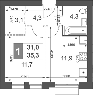 Планировка — Дубровицы Клаб, 1-комн., 35 м²