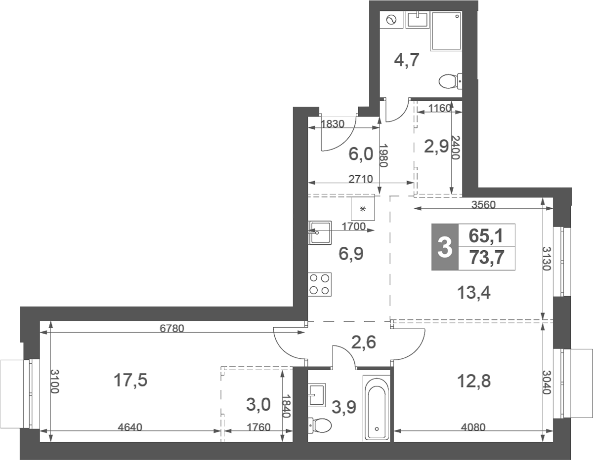Планировка — Дубровицы Клаб, 3-комн., 74 м²